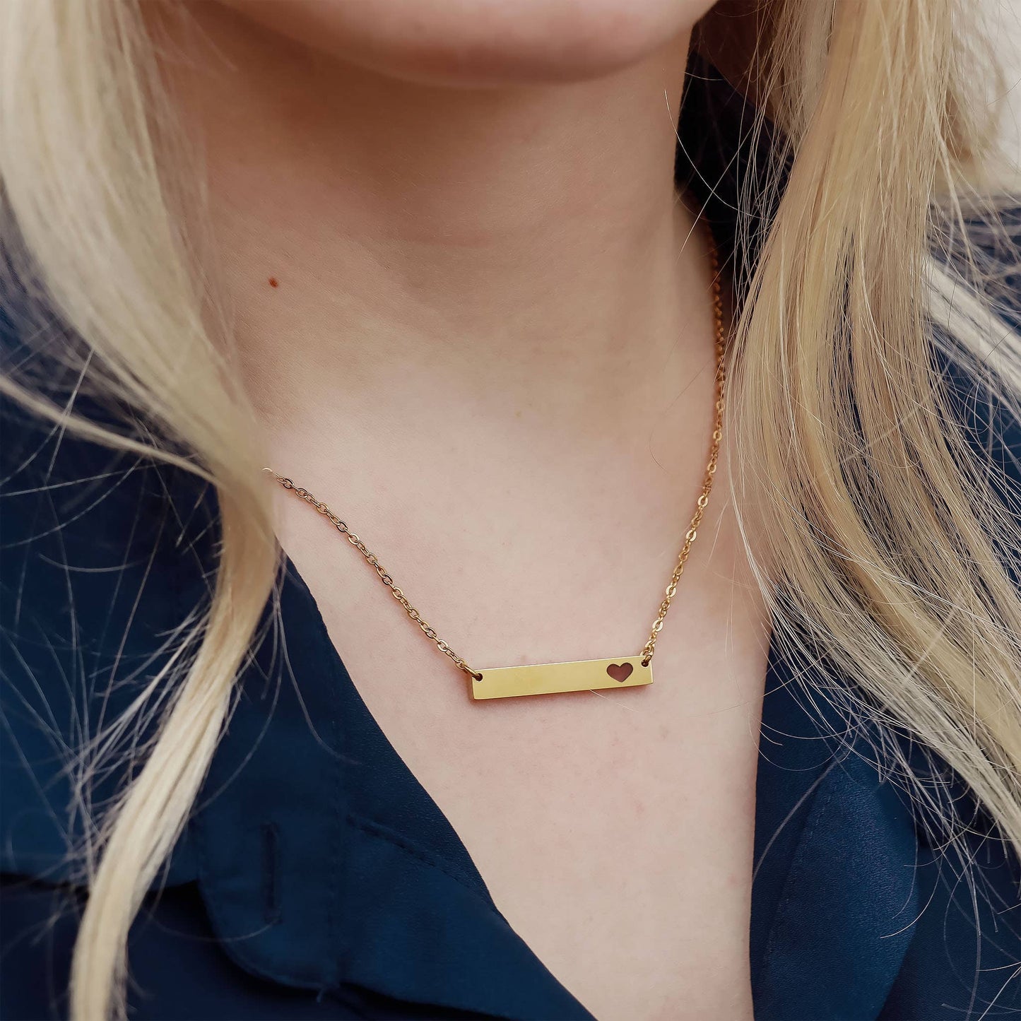 Blank Cutout Heart Bar Necklace: Gold