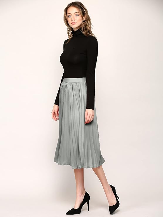 High Elastic Waist Pleated Mid A-Line Swing Skirt