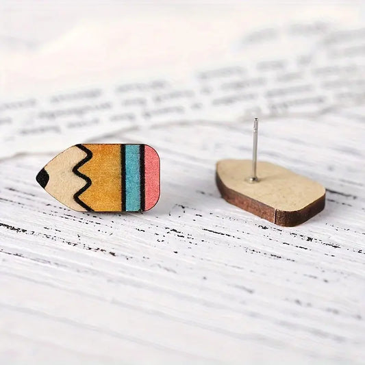 Sweet Wooden Pencil Stud Earrings