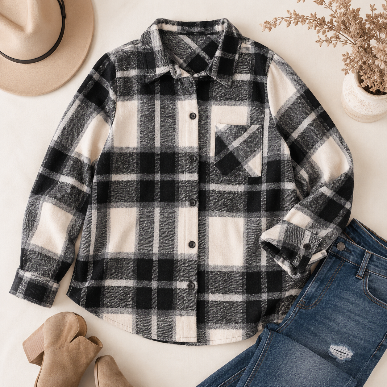 Curvy Black & White Plaid Flannel