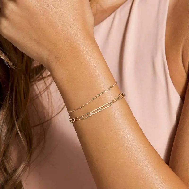 Exquisite Golden Double Layer Paperclip Chain Bracelet