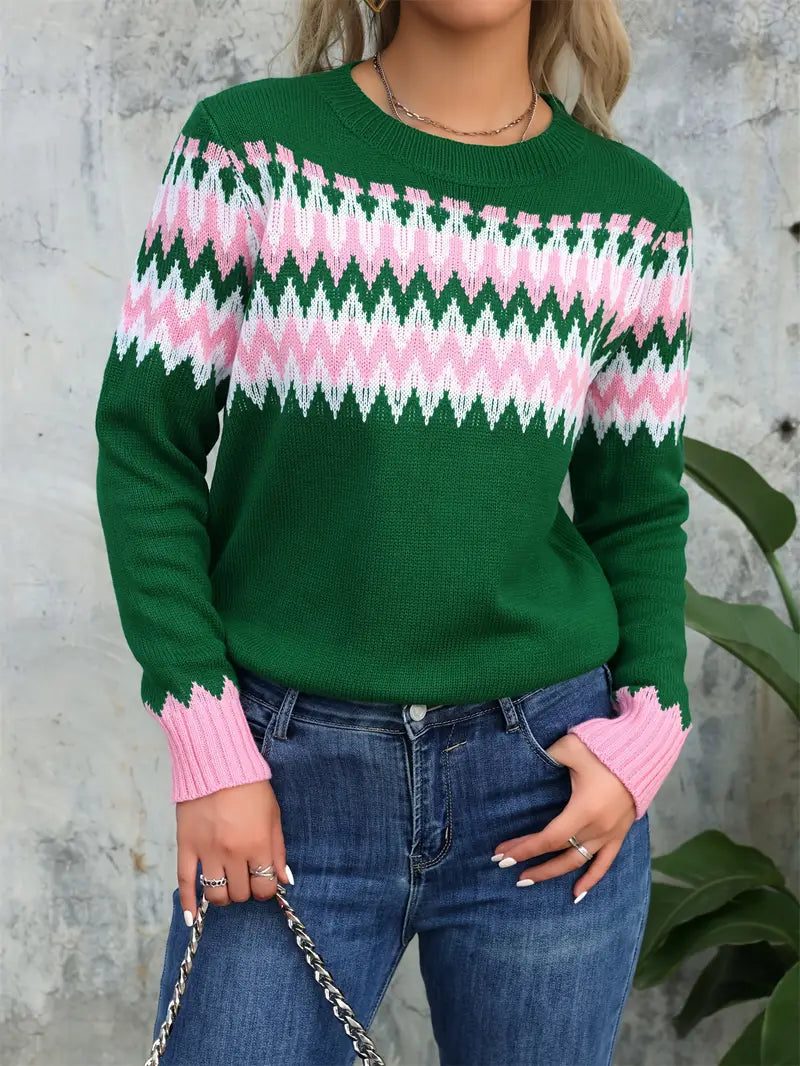 Green Color Block Striped Crew Neck Pullover Sweater