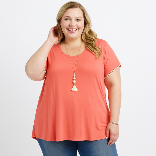 Curvy Coral Pom Pom Detail Tee