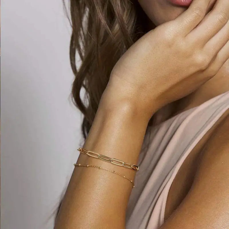 Exquisite Golden Double Layer Paperclip Chain Bracelet