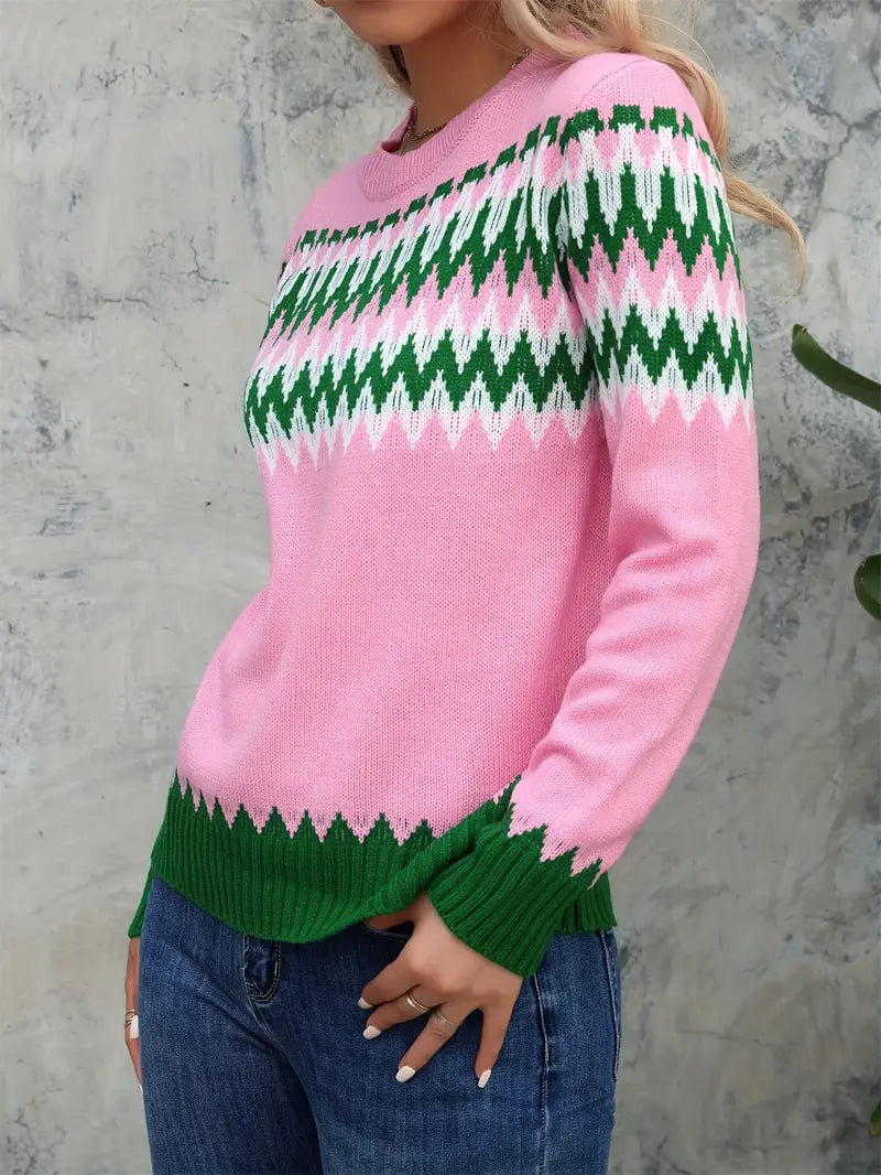 Pink Color Block Striped Crew Neck Pullover Sweater