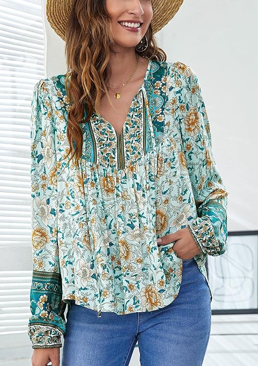 Bohdi Boho Floral Blouse Teal