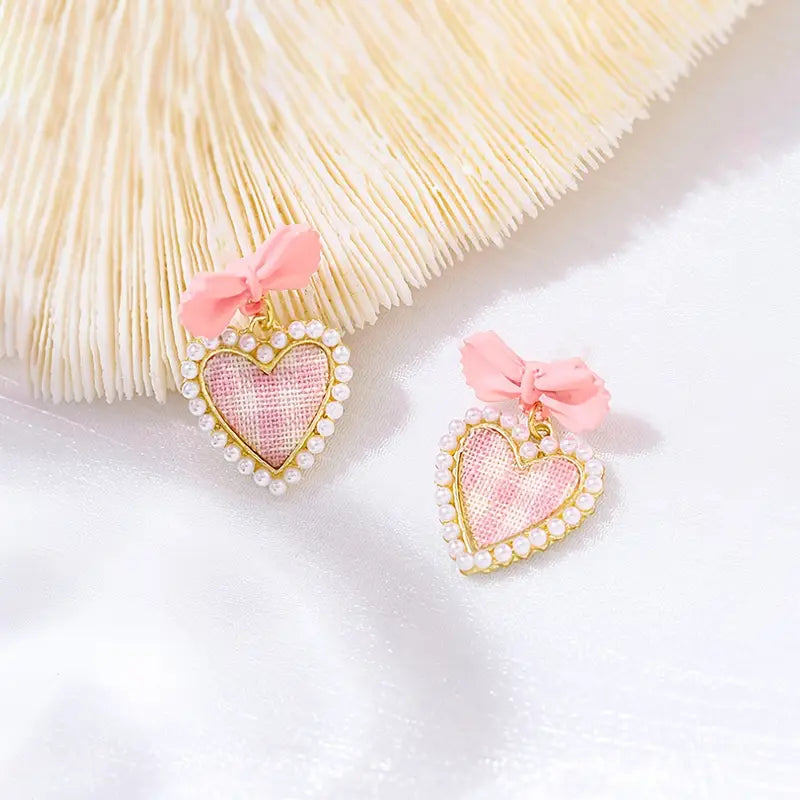 Pink Gingham Heart Drop Earrings