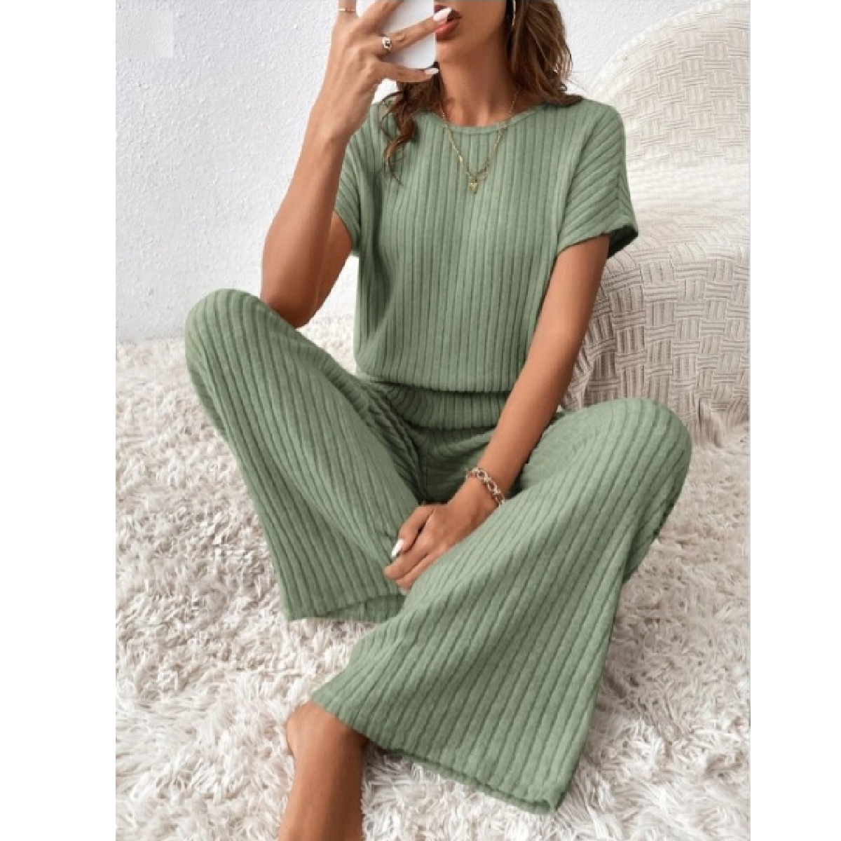 Sage Green Ribbed Short Sleeve Wide Leg Jumpsuit