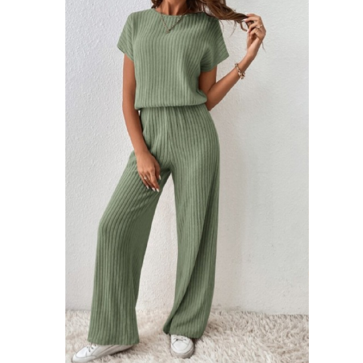 Sage Green Ribbed Short Sleeve Wide Leg Jumpsuit