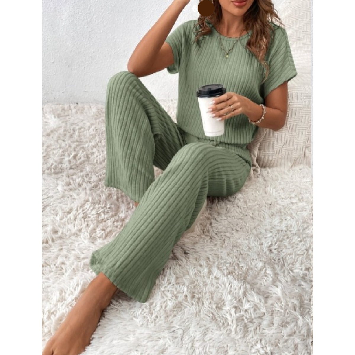 Sage Green Ribbed Short Sleeve Wide Leg Jumpsuit