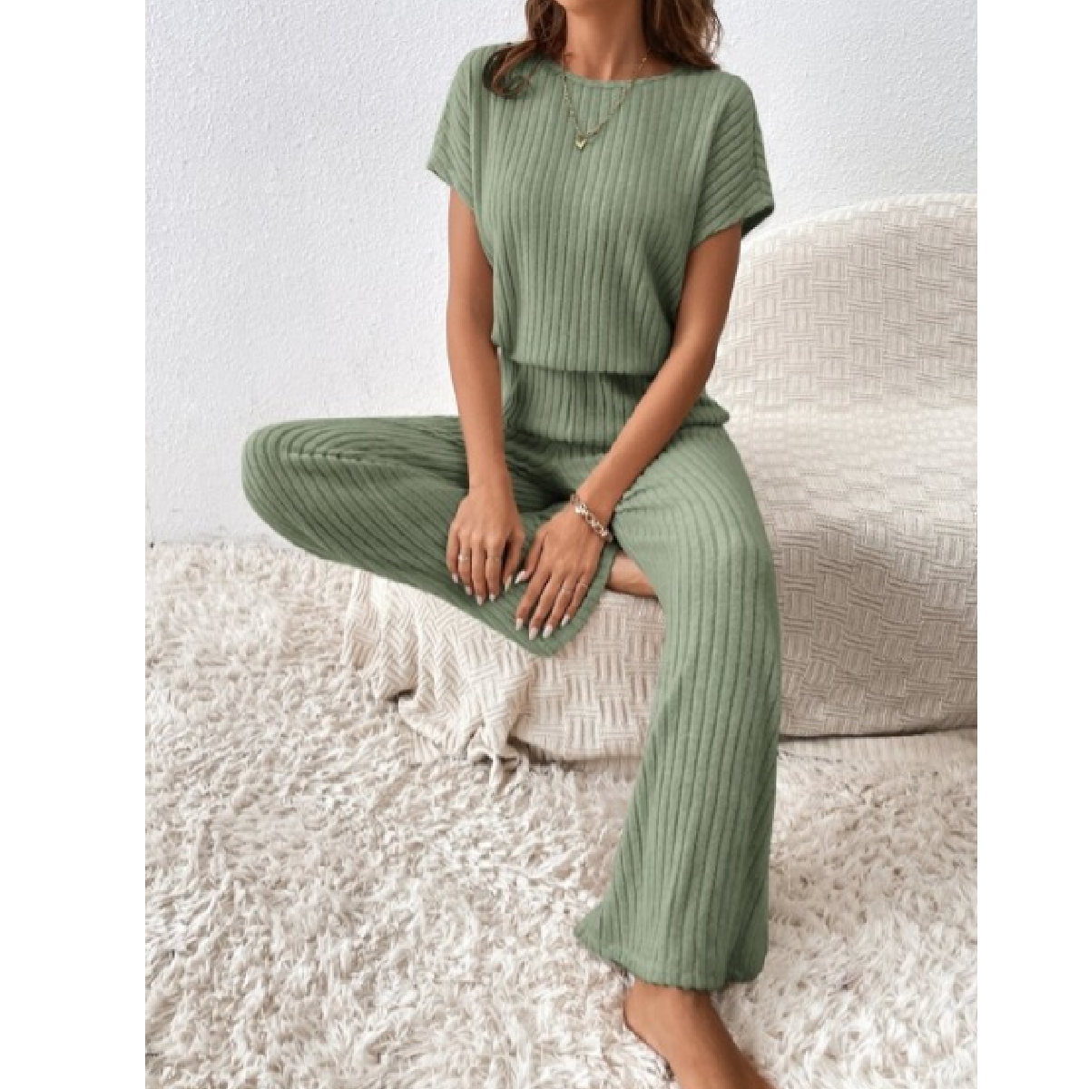 Sage Green Ribbed Short Sleeve Wide Leg Jumpsuit