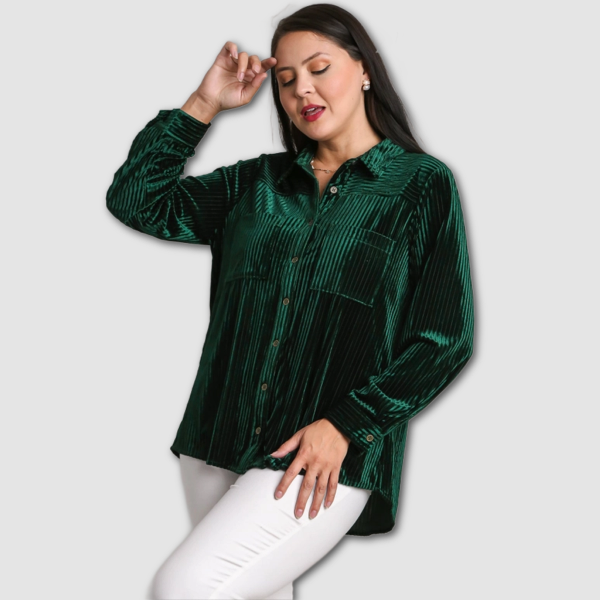 Curvy Stripe Textured Velvet Button-down Shirt/ HUNTER GREEN