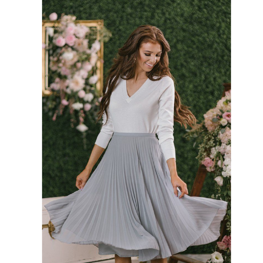 High Elastic Waist Pleated Mid A-Line Swing Skirt