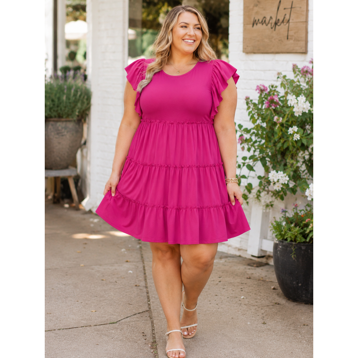Curvy Magenta Ruffle Sleeve Tiered Dress
