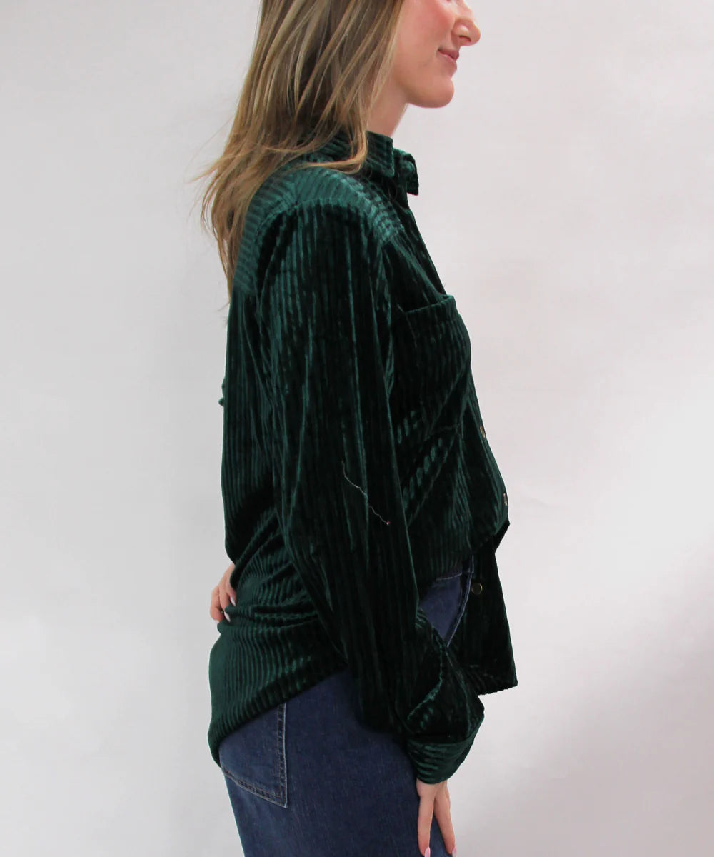 Curvy Stripe Textured Velvet Button-down Shirt/ HUNTER GREEN