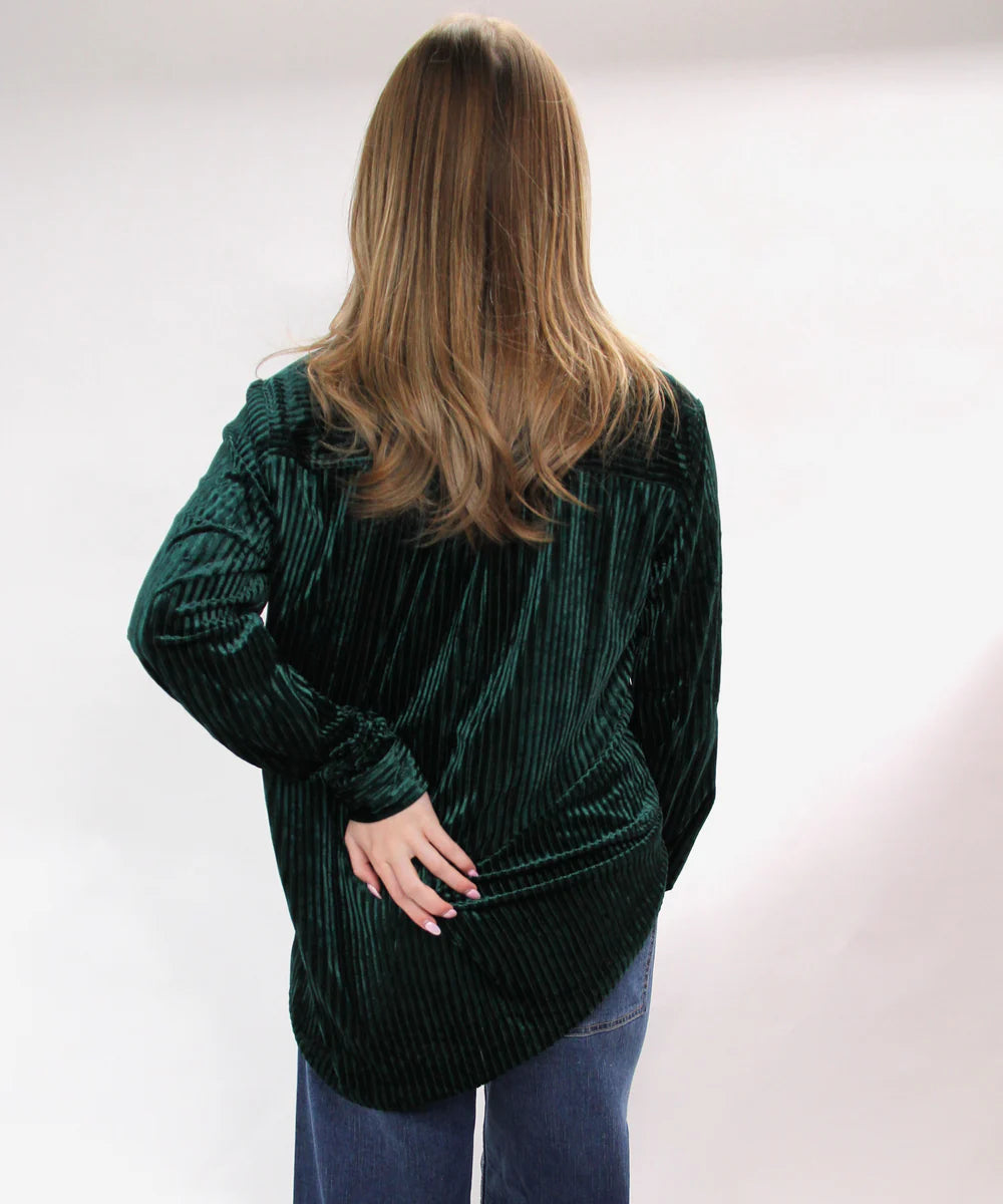 Curvy Stripe Textured Velvet Button-down Shirt/ HUNTER GREEN