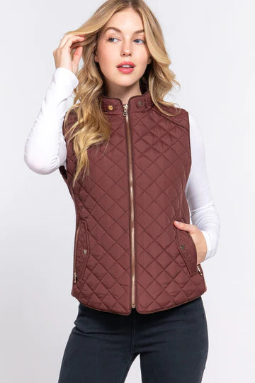 High Neck Quilted Zip Up Puffer Vest Jacket (Wine)