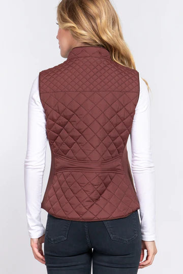 High Neck Quilted Zip Up Puffer Vest Jacket (Wine)