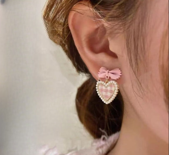 Pink Gingham Heart Drop Earrings