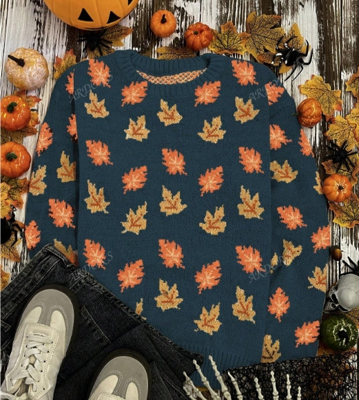 Autumn Leaf Print Crew Neck Sweater