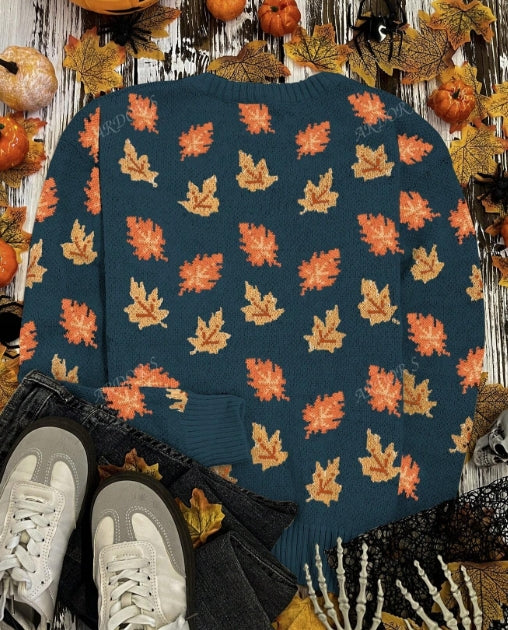 Autumn Leaf Print Crew Neck Sweater