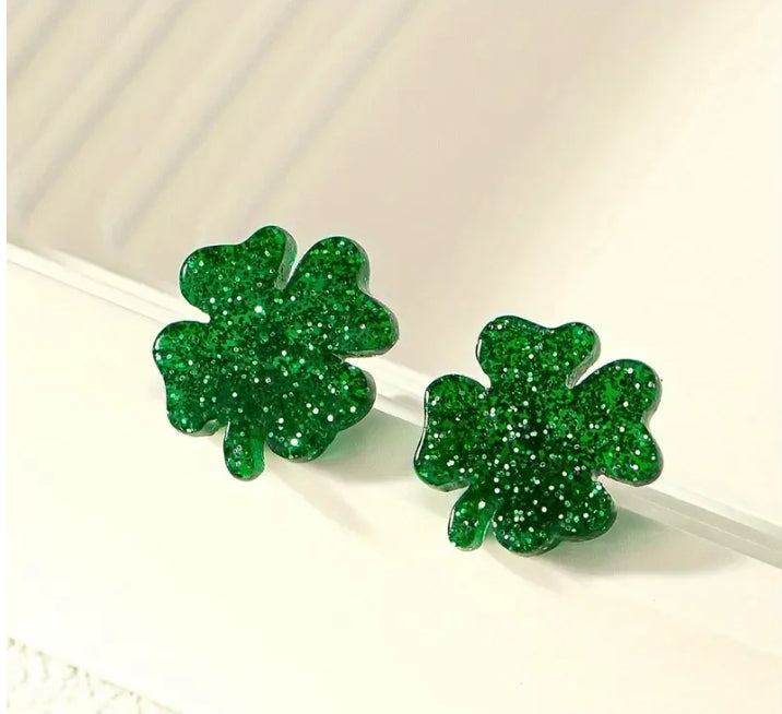 Glitter Acrylic St. Patties Day Clover Earrings