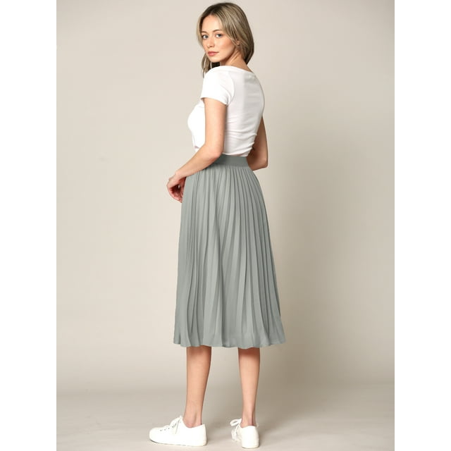 High Elastic Waist Pleated Mid A-Line Swing Skirt