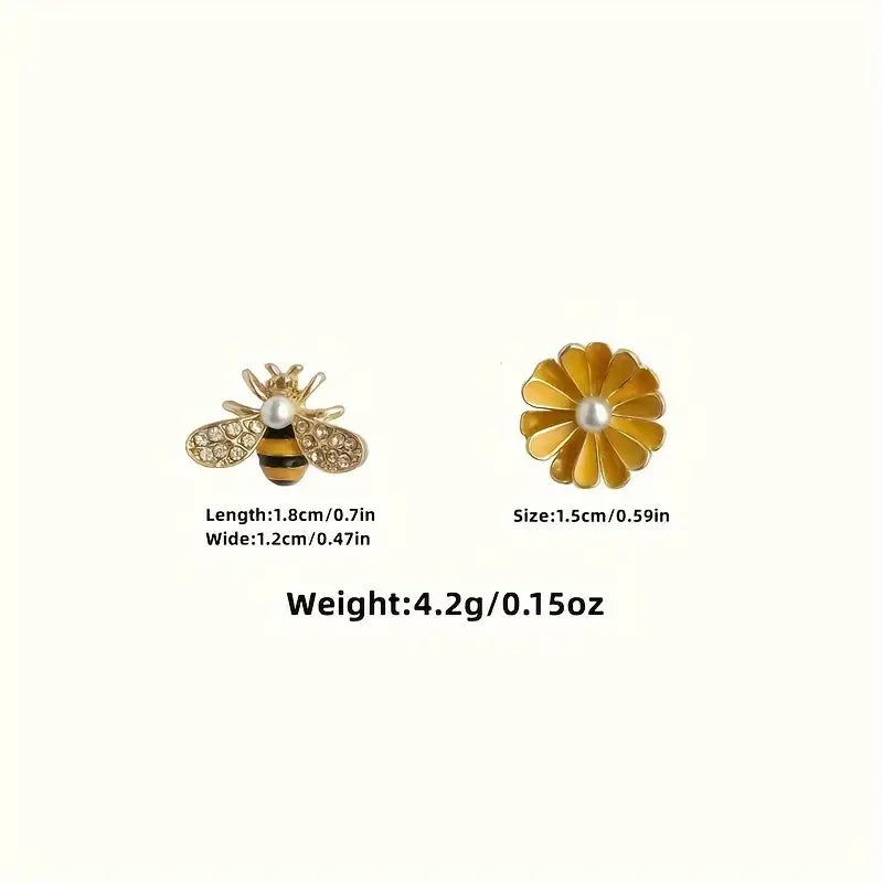 Charming Asymmetric Bee and Flower Stud Earrings