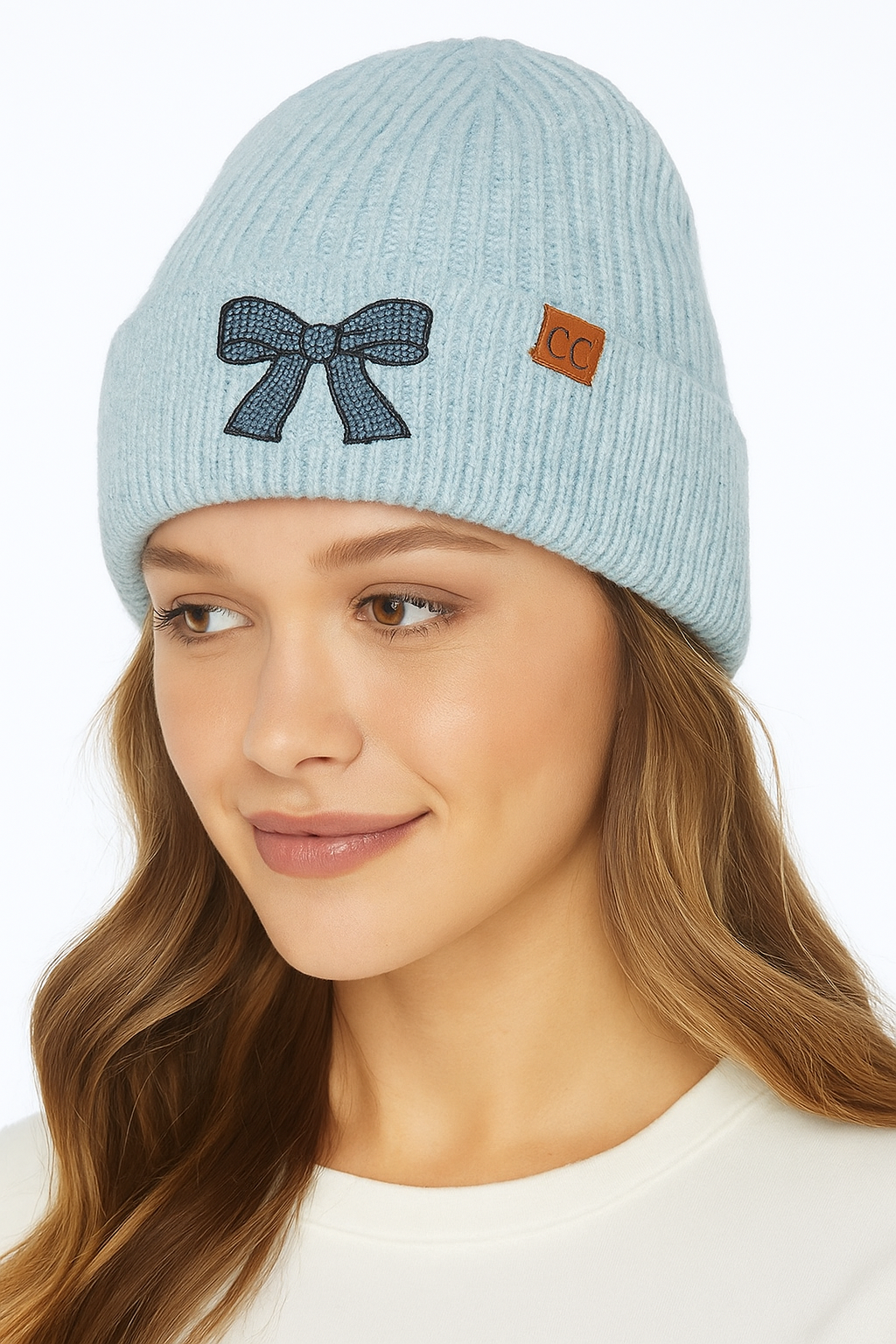 Rhinestone Ribbon Bow Embellishment Beanie