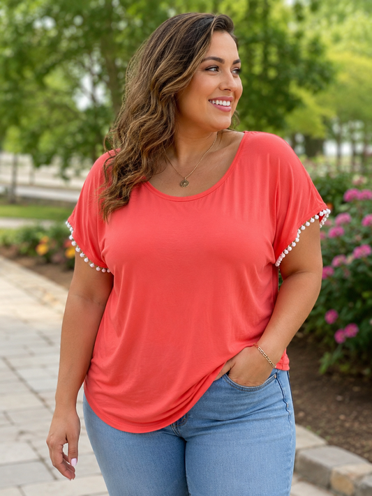Curvy Coral Pom Pom Detail Tee