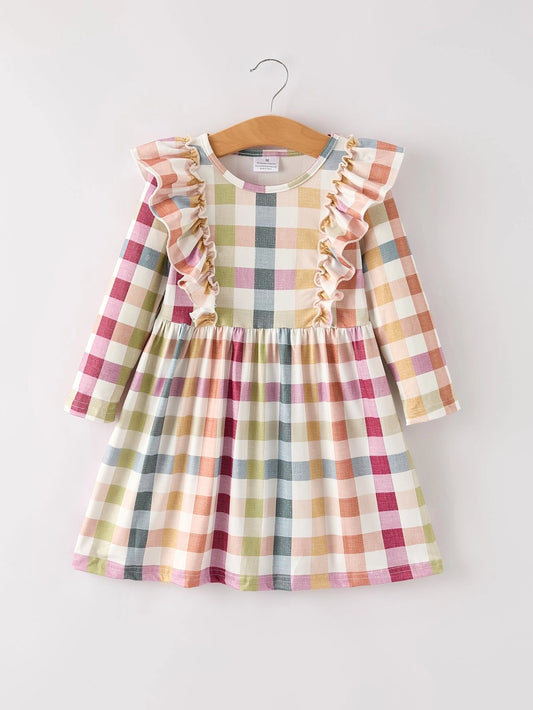 Fall Thanksgiving Plaid Long Sleeve Girls Dress