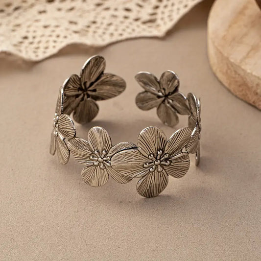 Vintage Bohemian Textured Flower Cuff Bracelet