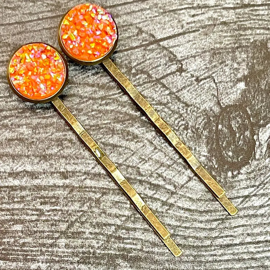 Orange Druzy Agate Bobby Pins