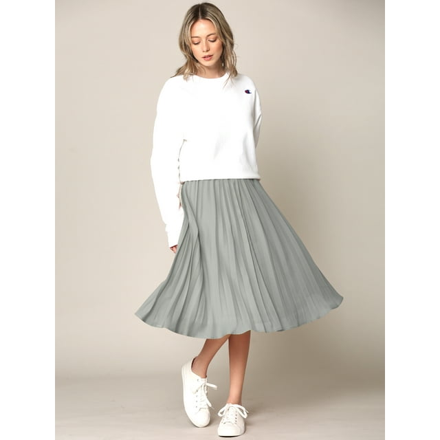 High Elastic Waist Pleated Mid A-Line Swing Skirt