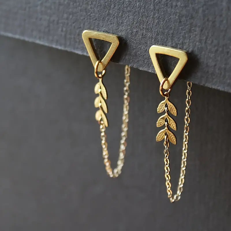 Bohemian Style Geometric Leaf Pendant Chain Earrings,