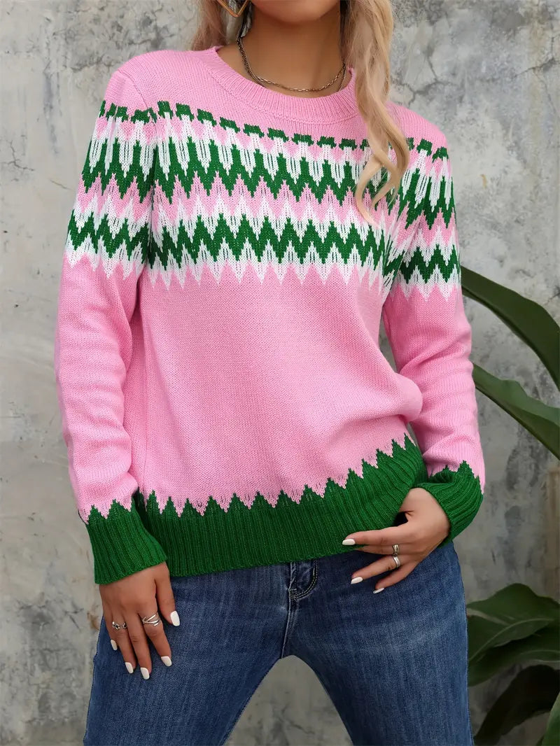 Pink Color Block Striped Crew Neck Pullover Sweater