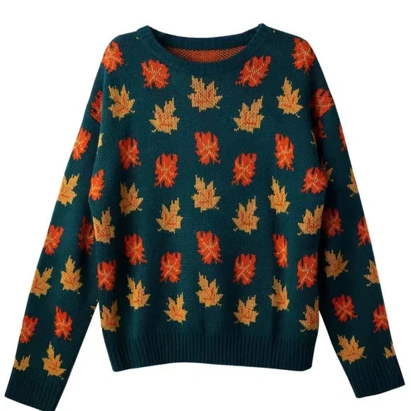 Autumn Leaf Print Crew Neck Sweater