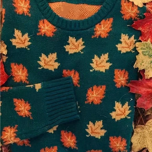 Autumn Leaf Print Crew Neck Sweater