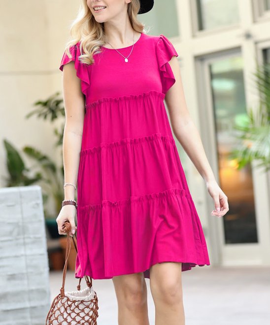 Curvy Magenta Ruffle Sleeve Tiered Dress