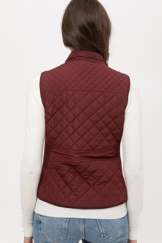 High Neck Quilted Zip Up Puffer Vest Jacket (Wine)