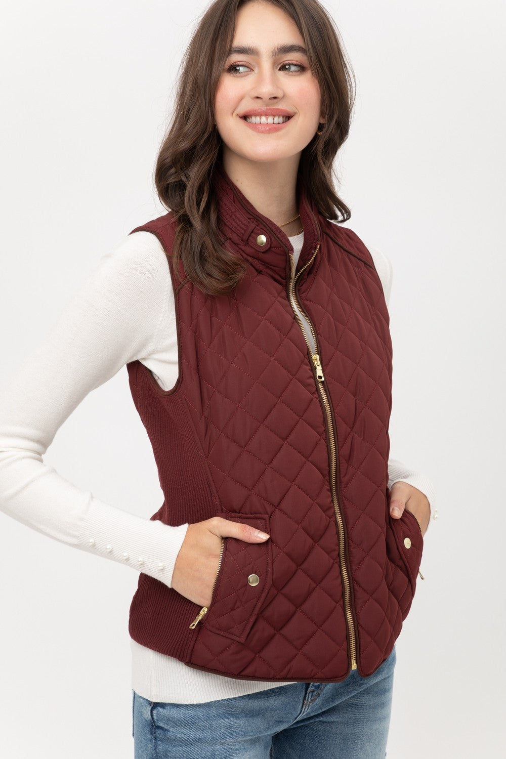 High Neck Quilted Zip Up Puffer Vest Jacket (Wine)