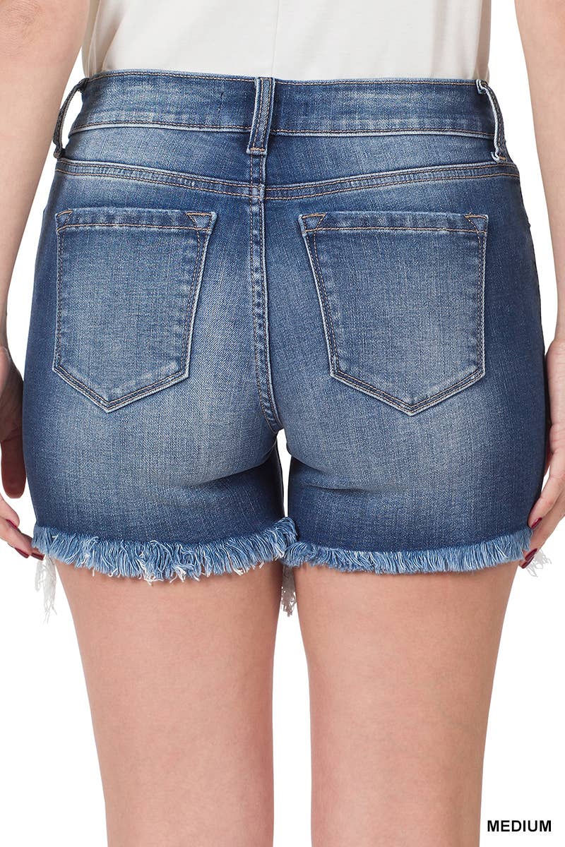 Mid Rise Denim Shorts w/Frayed Hem