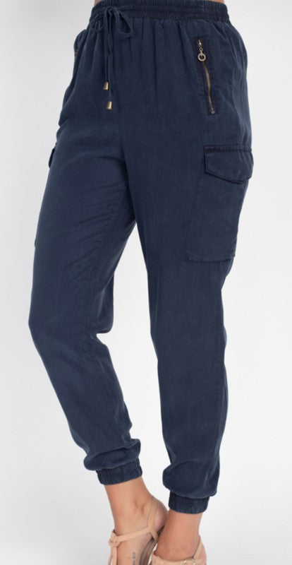 Navy Tencel Cargo Joggers