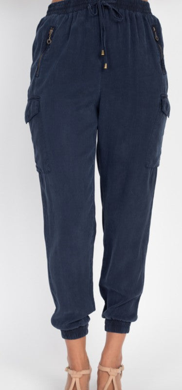 Navy Tencel Cargo Joggers