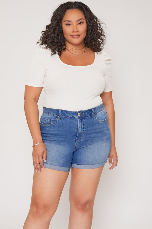 Curvy Double Cuff Denim Shorts