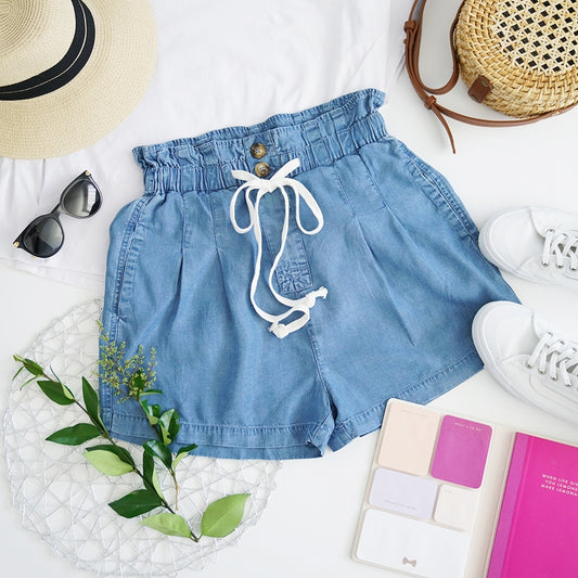 Chambray Drawstring Waist Shorts With Pockets