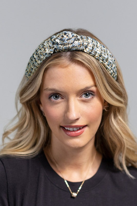 Blue tweed top knot hairband