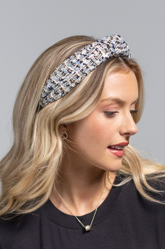 Blue tweed top knot hairband