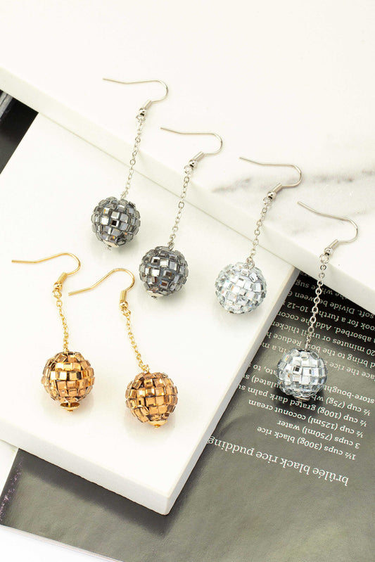 Dangling glass disco ball drop earrings