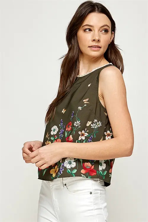 Floral Pompom Detail Neckline Sleeveless Top